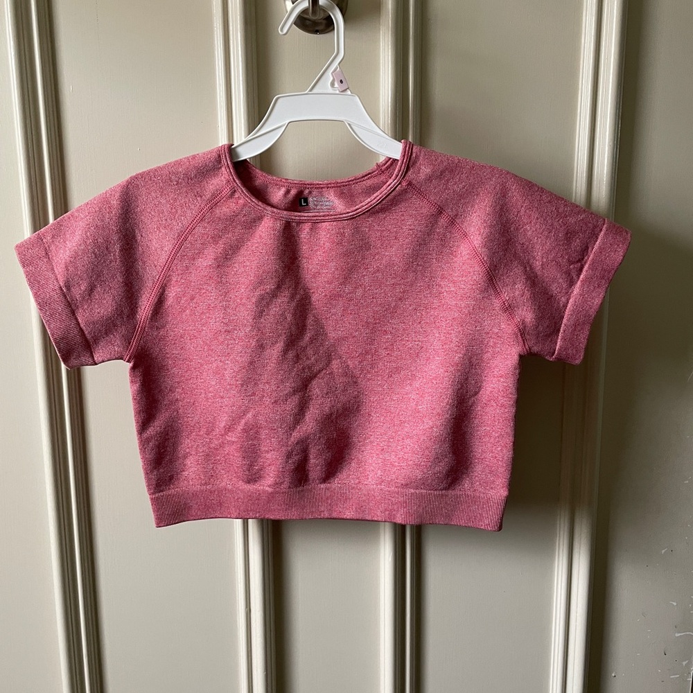 Women's Crop Top Athletic Stretchy Spandex Short Sleeve Light Red Pink Large